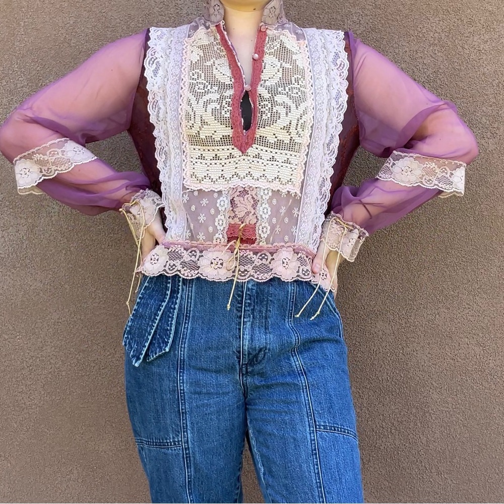 Lorrie Kabala | Vintage Elegant Pink Purple Sheer Lace Long-Sleeve Tunic Blouse - Picture 13 of 13